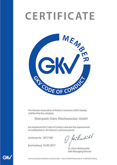 Abgebildet ist ein englischsprachiges GKV-Verhaltenskodex Zertifikat.