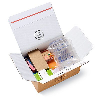 Protective air cushioning in a shipping box for secure packaging.